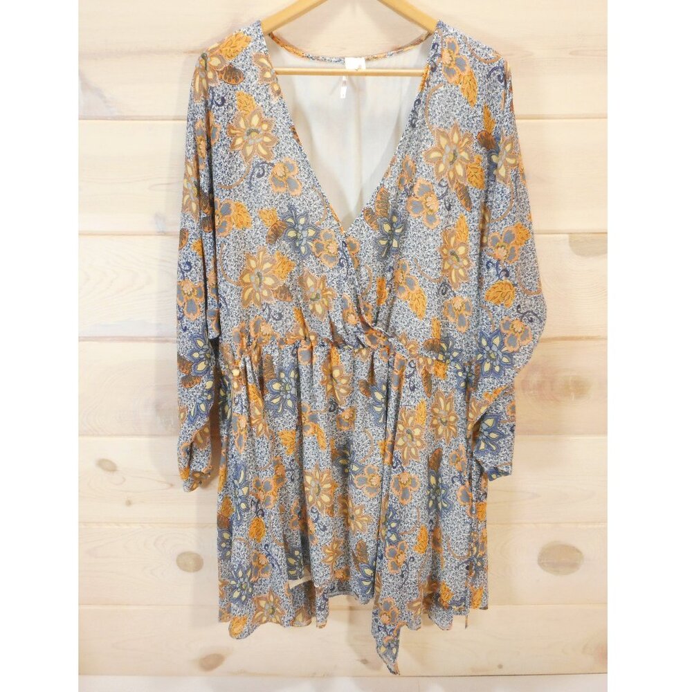 Free People Sz L Teegan Faux Wrap Dress Floral Long Sleeve Pockets Cinched Waist
